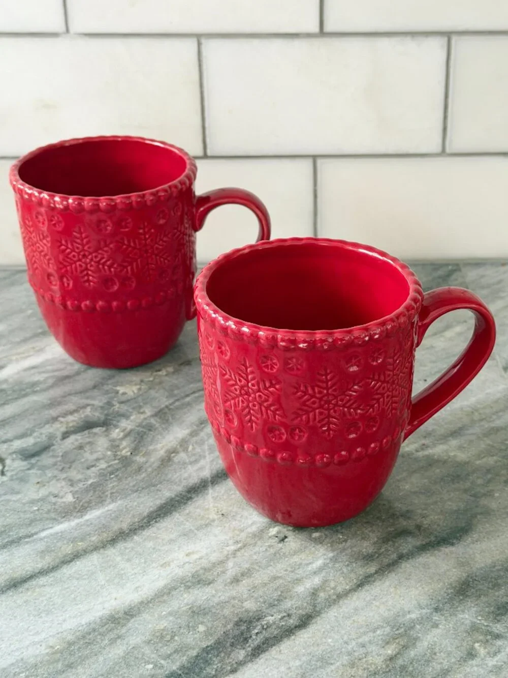 Pier 1 Imports Red Embossed Snowflake Mugs - Set of 2 Beaded Rim Stoneware
